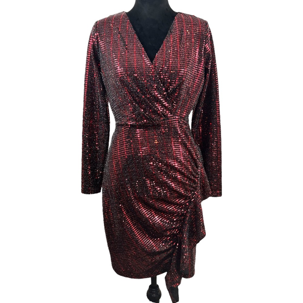Alexia Admor Red and Black Sequined Long Sleeve Mini Dress Size Small